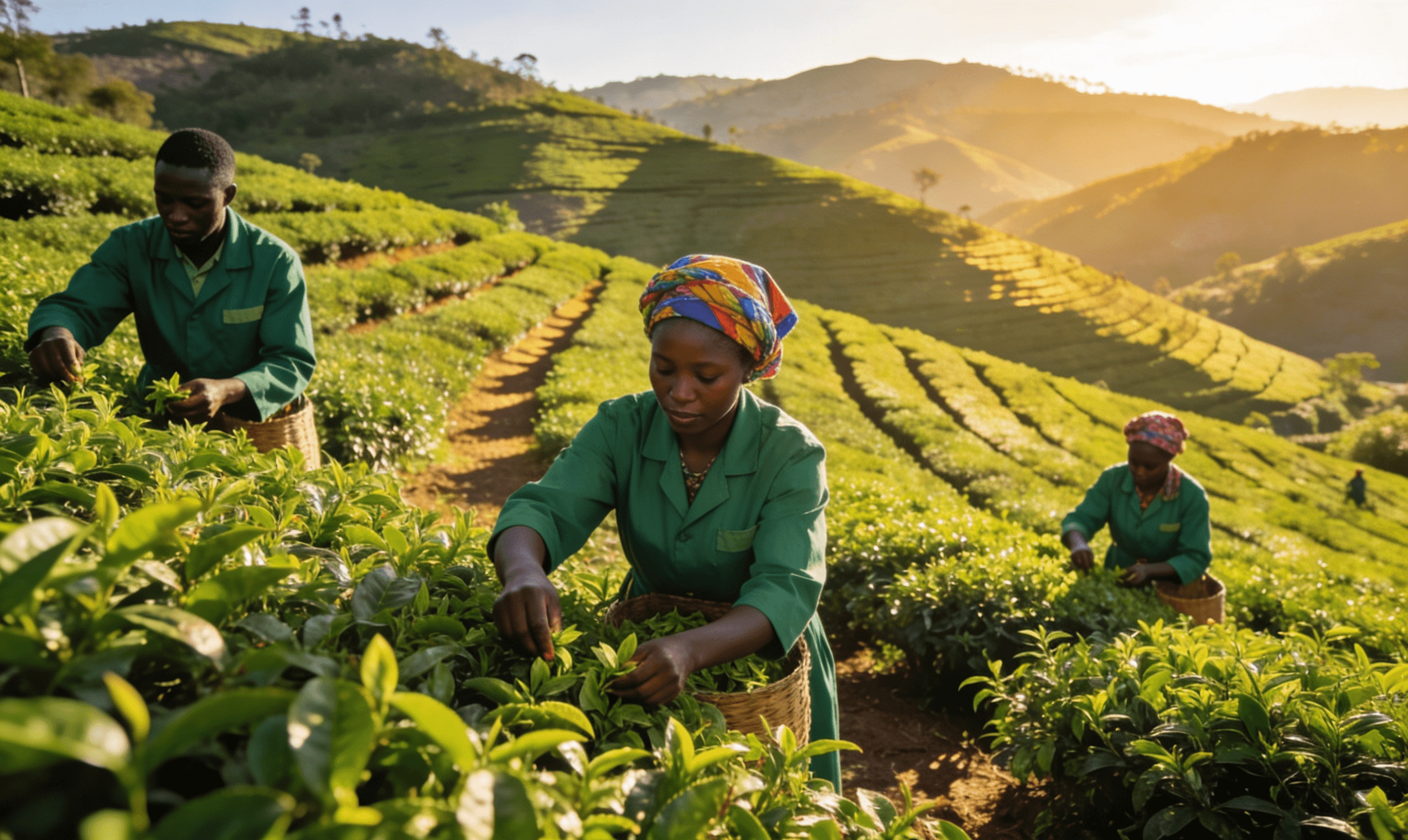 Kenyan tea farm workers harvesting leaves